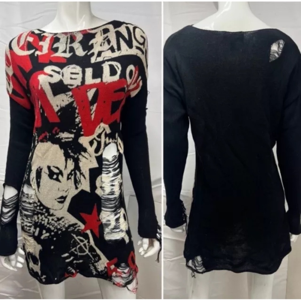 Current Mood Dolls Kill Small Black Red Punk Rock Distressed Oversized Sweater